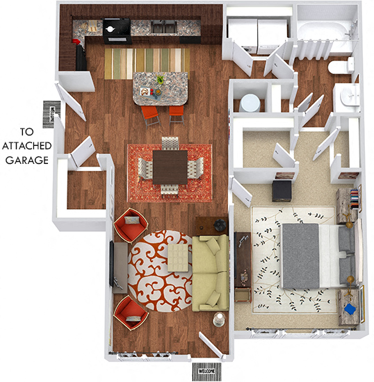 Floor plan for 1 bed, 1 bath, 772 sqft